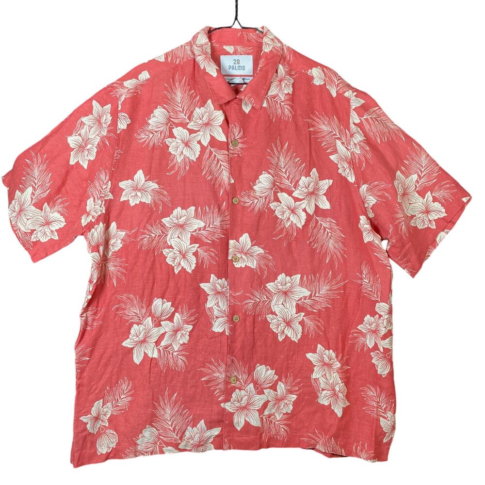 28 Palms Mens Shirt Salmon Floral Collared Silk Linen Blend Button Down XL